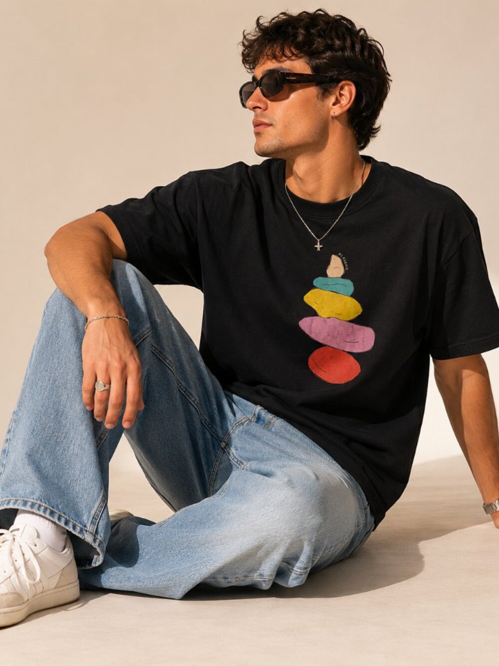 PLAYERO Puerto Rico Zen Stacked Cairn Stones Graphic Tee Unwind Chakras Large